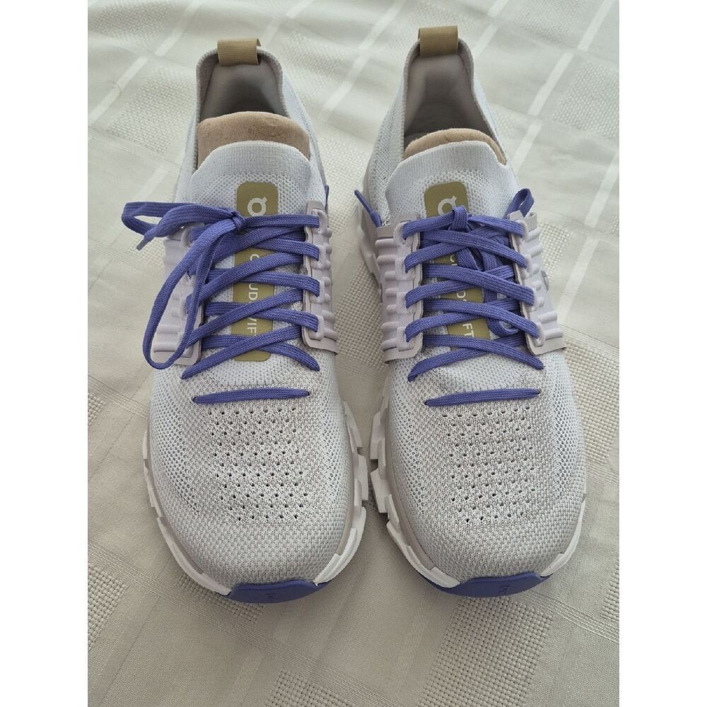 On Running Women's White Sneakers with Purple Laces and Tan Accents